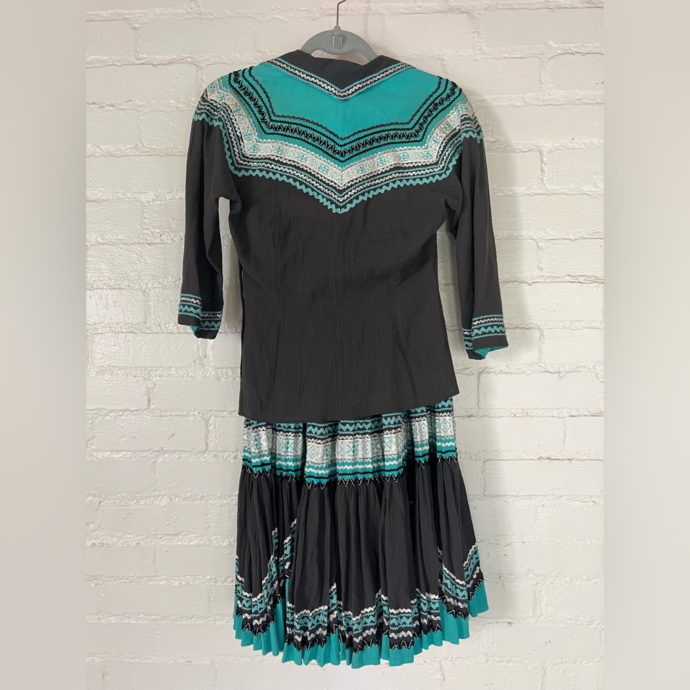 Patio Dress Skirt & Blouse Set Black, Silver and Turquoise Small Women's - Picture 2 of 10